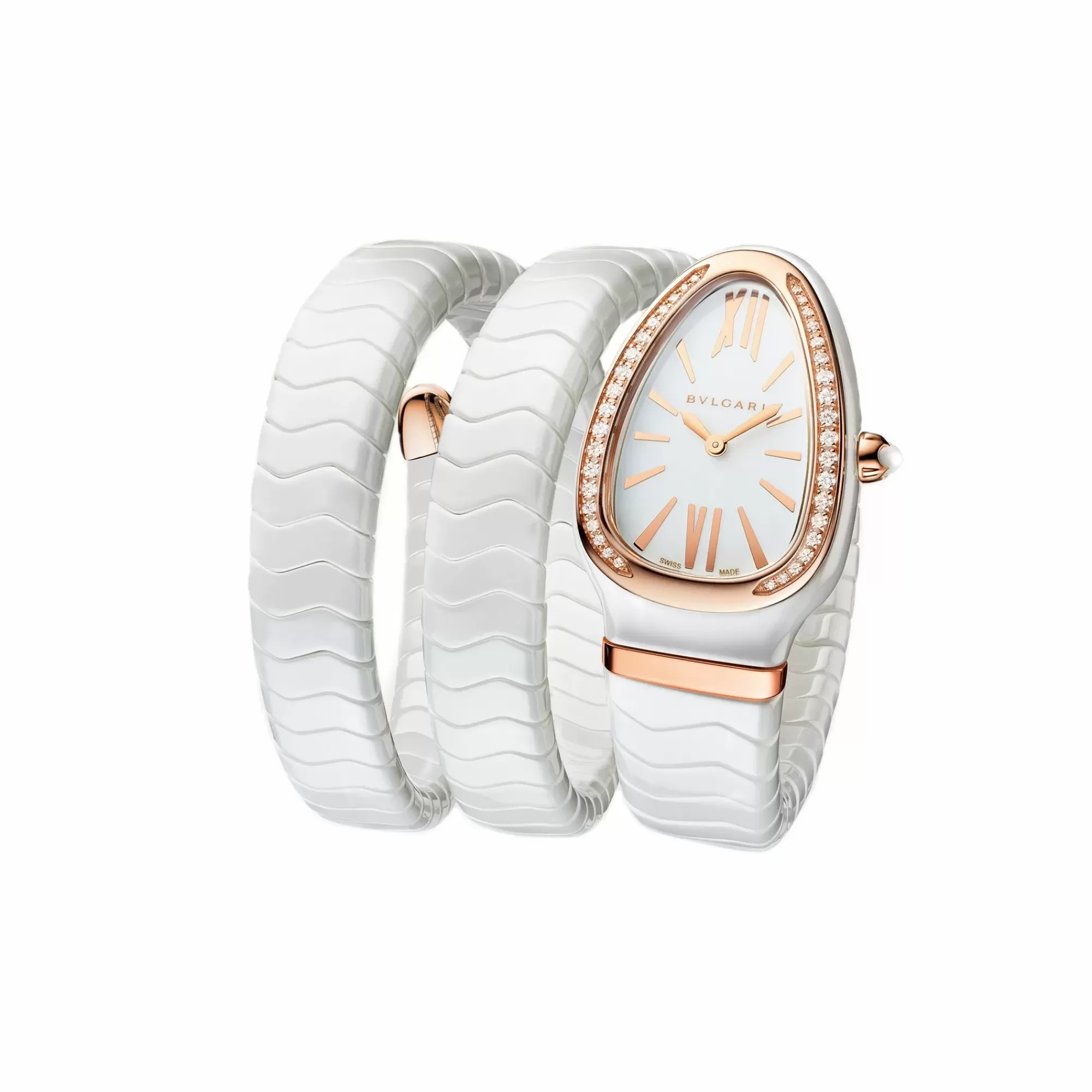 Bvlgari Serpenti Spiga 18K Rose Gold White Ceramic Watch With Diamond Bezel Cheap