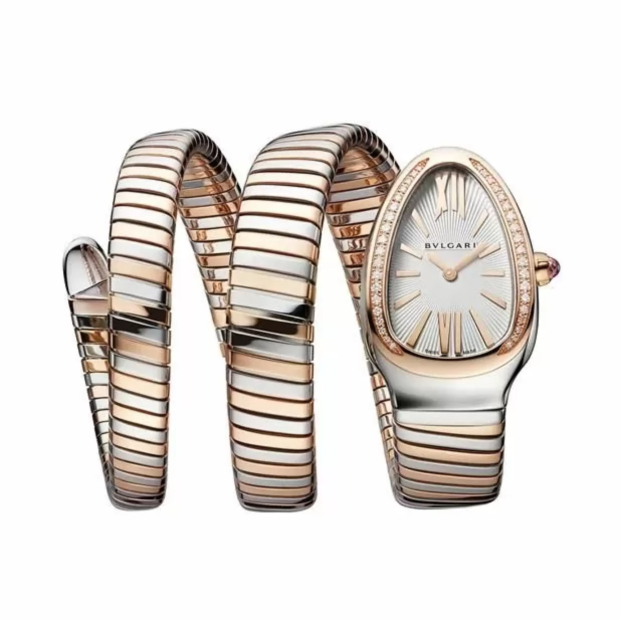 Bvlgari Serpenti Tubogas 18K Rose Gold Diamond And Steel Double Spiral Watch New