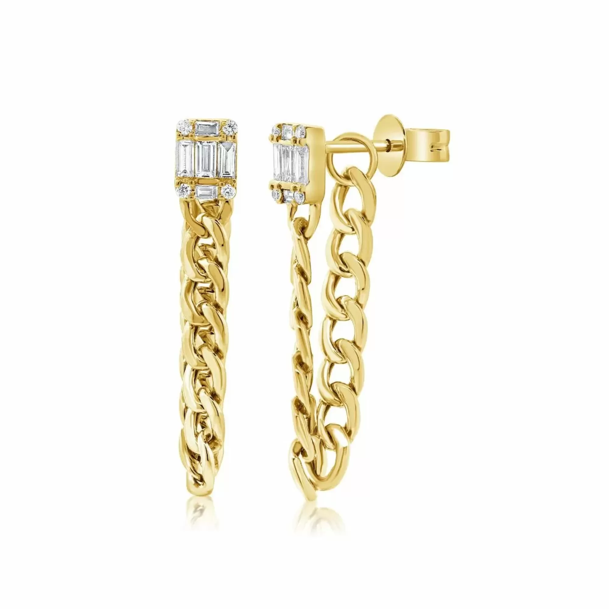 * London Collection 14K Yellow Gold Baguette And Round Diamond With Chain Earrings Hot