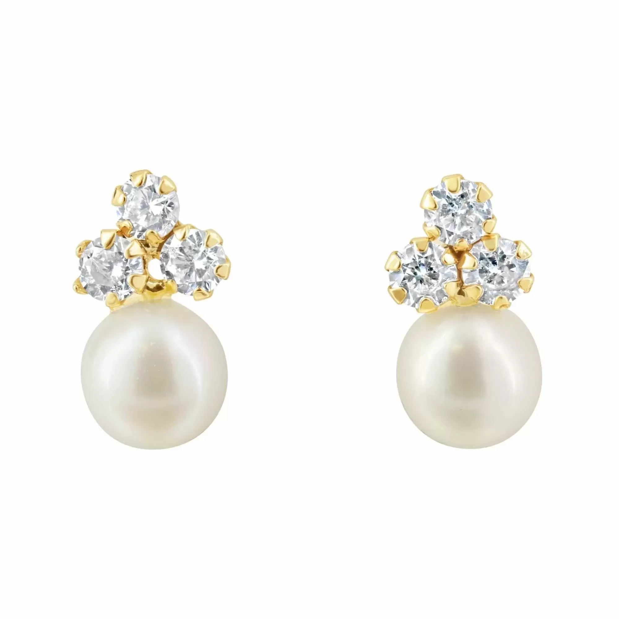 * London Collection 14K Yellow Gold Trio Cubic Zirconia And Pearl Stud Earrings Clearance